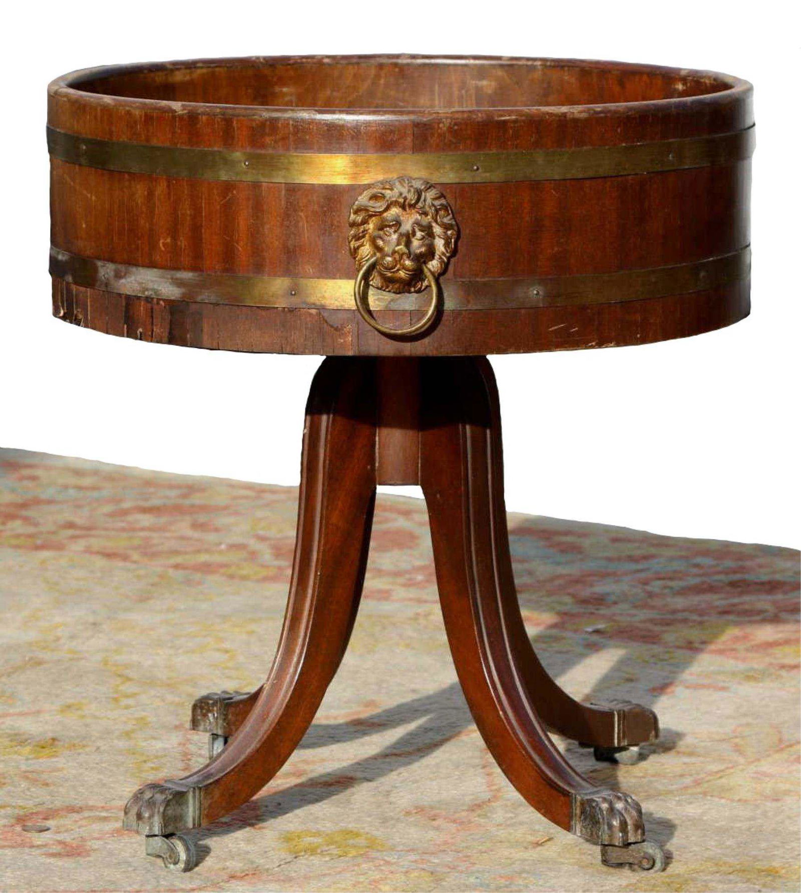 ENGLISH 19TH C BANDED CAMPAIGN COOLER: ENGLISH ANTIQUE COOLER WITH LIONS HEAD RING HANDLES