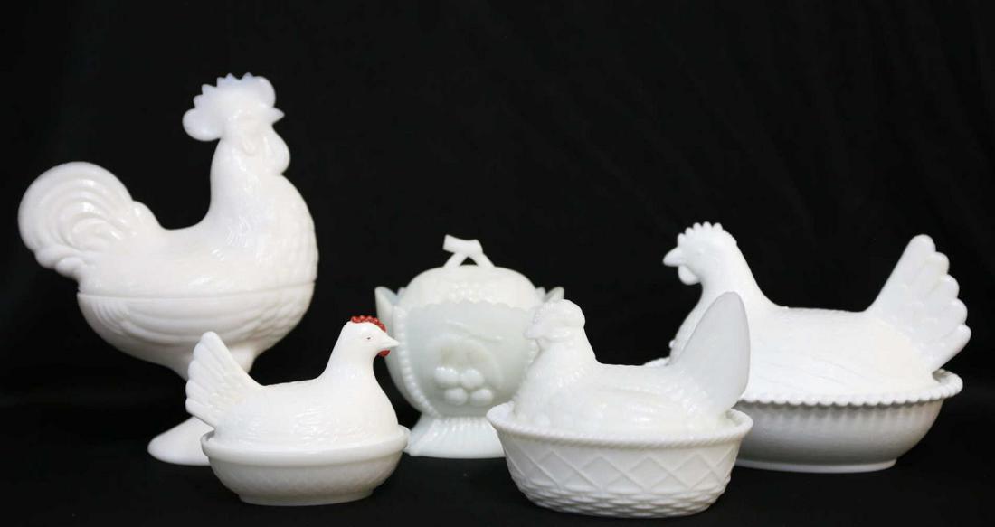 ROOSTER AND CHICKEN MILK GLASS GROUPING: MILK GLASS GROUPING WITH ROOSTERS AND CHICKENS
