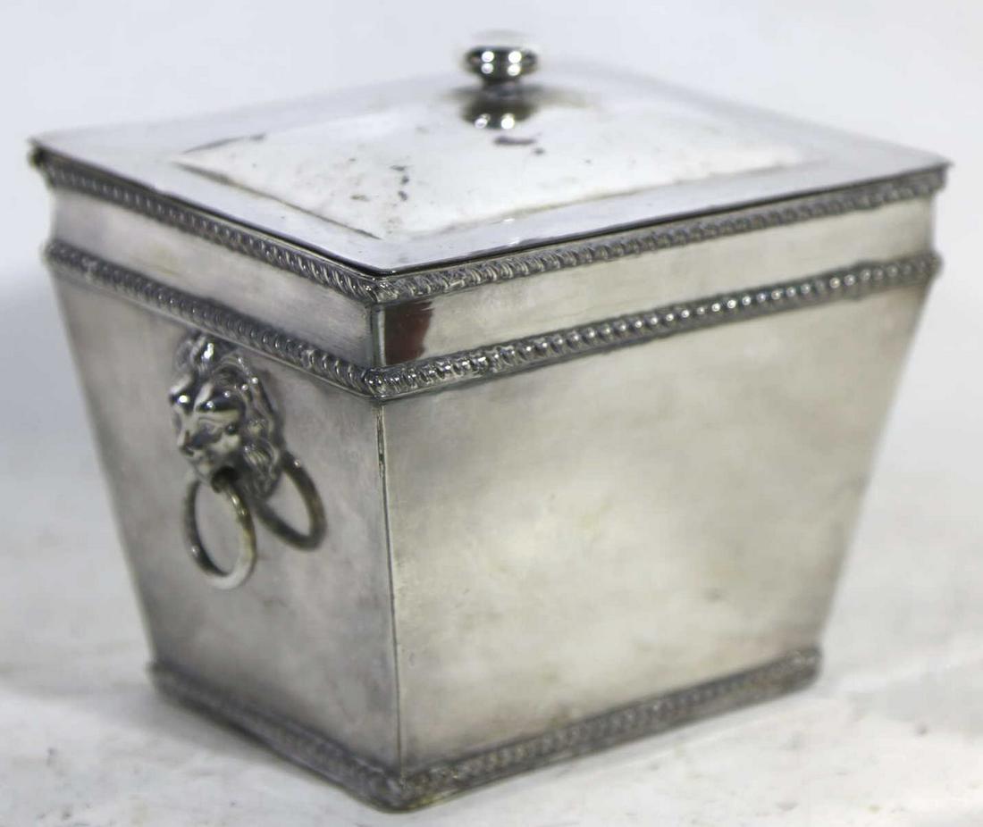 GEORGIAN ANTIQUE LION PULL SILVERED TEA CADDY: GEORGIAN ANTIQUE LION PULL SILVERED TEA CADDY FROM THE LATE BYERLY'S ANTIQUE SHOP