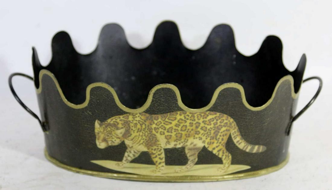 JAGUAR JUNGLE TOLE STWIN HANDLE CACHE POT: JAGUAR JUNGLE TOLE TWIN HANDLE CACHE POT