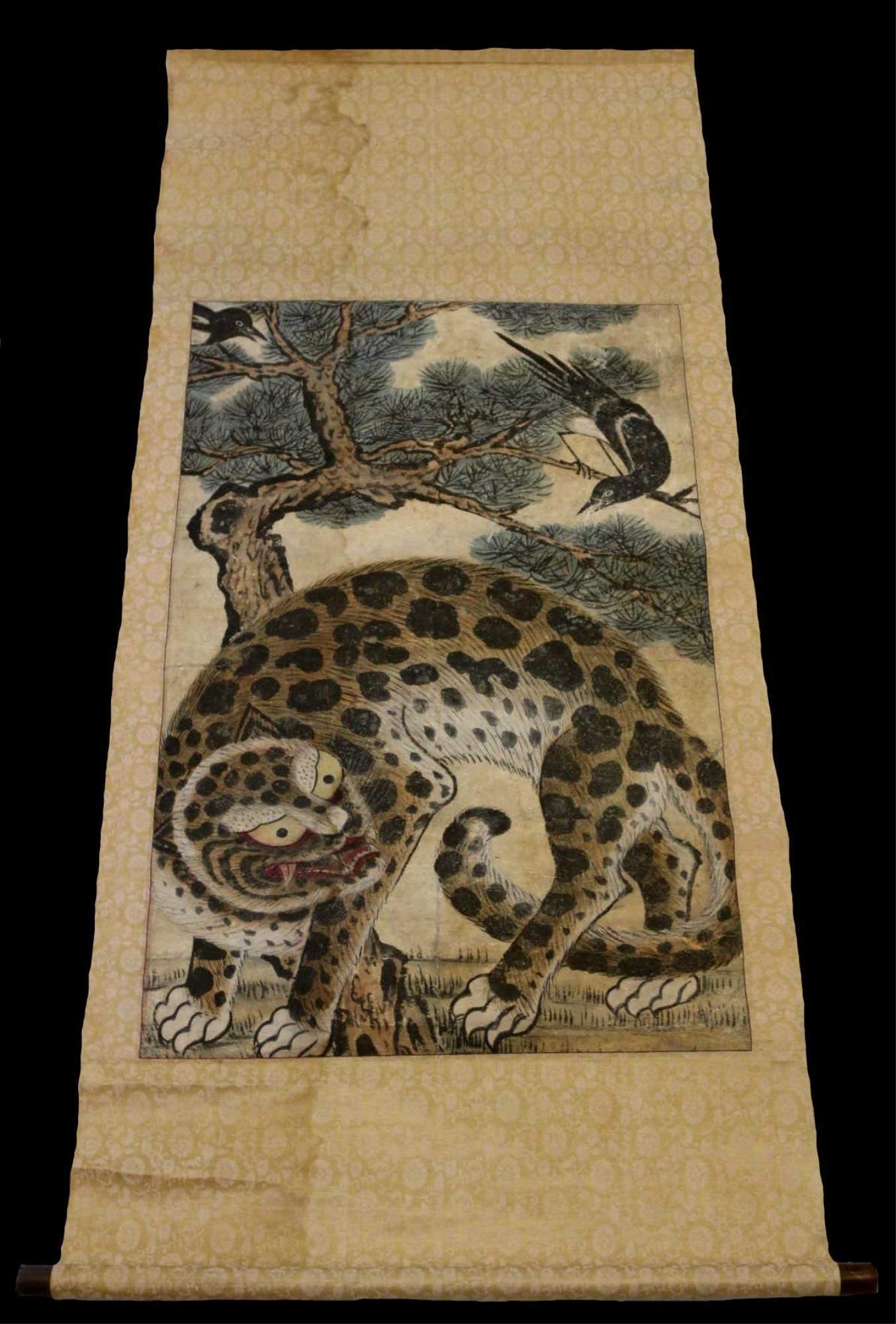 KOREAN ANTIQUE WINTER TIGER SCROLL: KOREAN ANTIQUE WINTER TIGER SCROLL 58 X 26" 34 X 21"