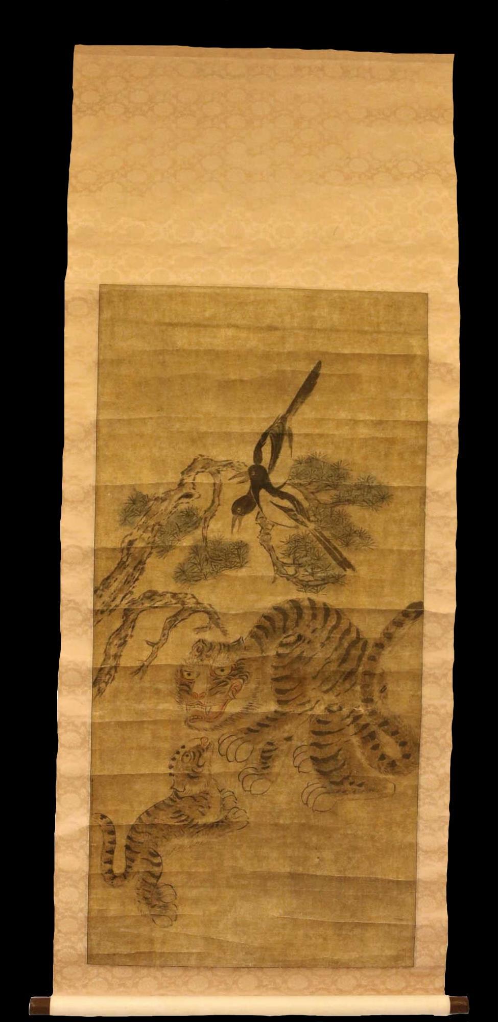 KOREAN ANTIQUE HAND PAINTED TIGER SCROLL: KOREAN ANTIQUE HAND PAINTED TIGER SCROLL 65 X 24" 40 X 20"