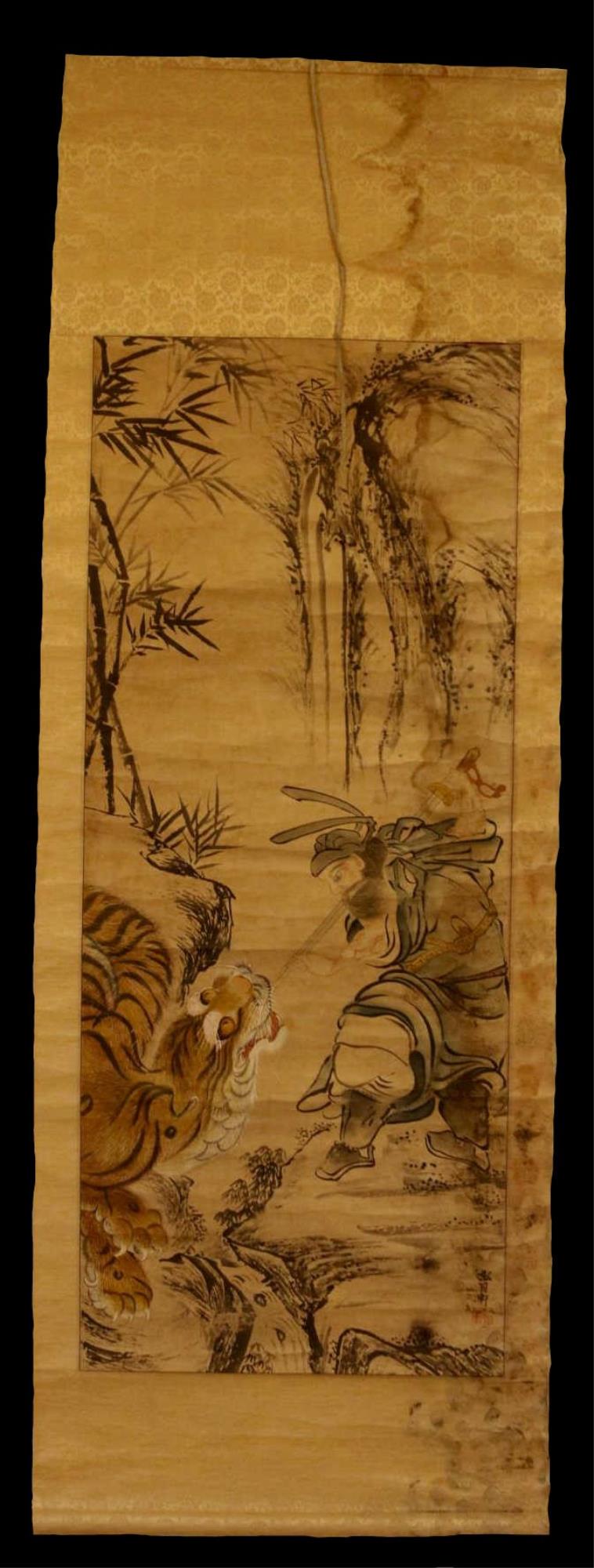 KOREAN ANTIQUE SCROLL OF MAN FIGHTING TIGER: KOREAN ANTIQUE WATERCOLOR SCROLL OF MAN FIGHTING TIGER 68 X 24" 47 X 19.5"