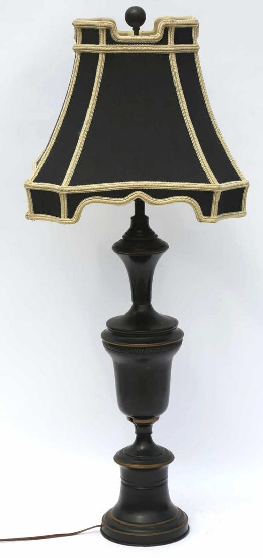 FREDERICK COOPER CUSTOM SILK SHADED LAMP: FREDERICK COOPER CUSTOM SHADED BLACK AND GOLD GILT TRIM LAMP