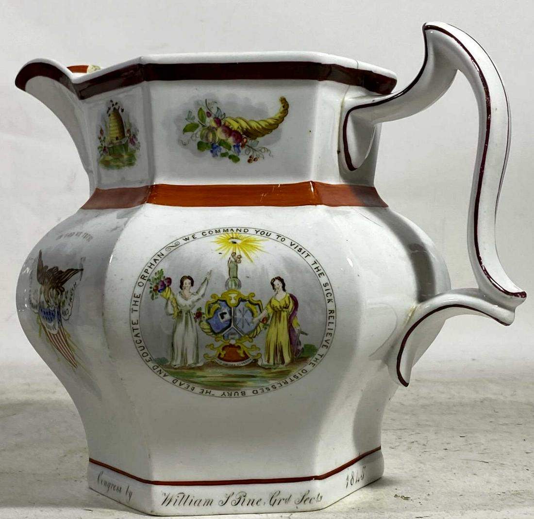 AMERCIAN 1845 ODD FELLOWS STAFFORDSHIRE PITCHER: AMERCIAN 1845 FEDERAL DECORATED INDEPENDANT ORDER OF ODD FELLOWS STAFFORDSHIRE HEXANGONAL PITCHER