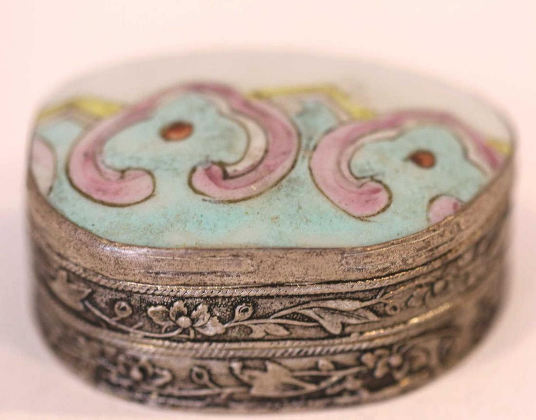 ASIAN LARGE ENAMELED SILVERED PILL BOX: ASIAN LARGE ENAMELED SILVERED PILL BOX