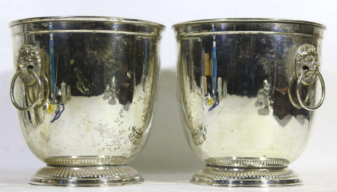 ENGLISH ANTIQUE SILVER LION HANDLE COOLERS: ENGLISH ANTIQUE SILVER PLATE LION HANDLE COOLERS