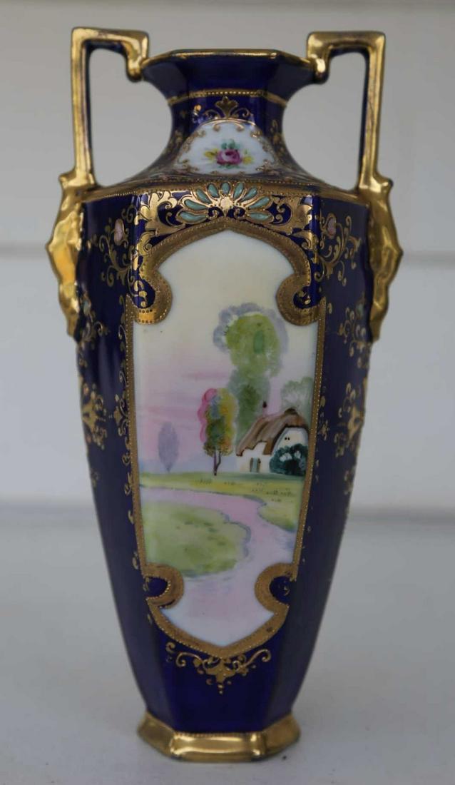 JAPANESE NIPPON COBALT BLUE FLORAL TWIN HANDLE: JAPANESE NIPPON COBALT BLUE FLORAL TWIN HANDLE VASE