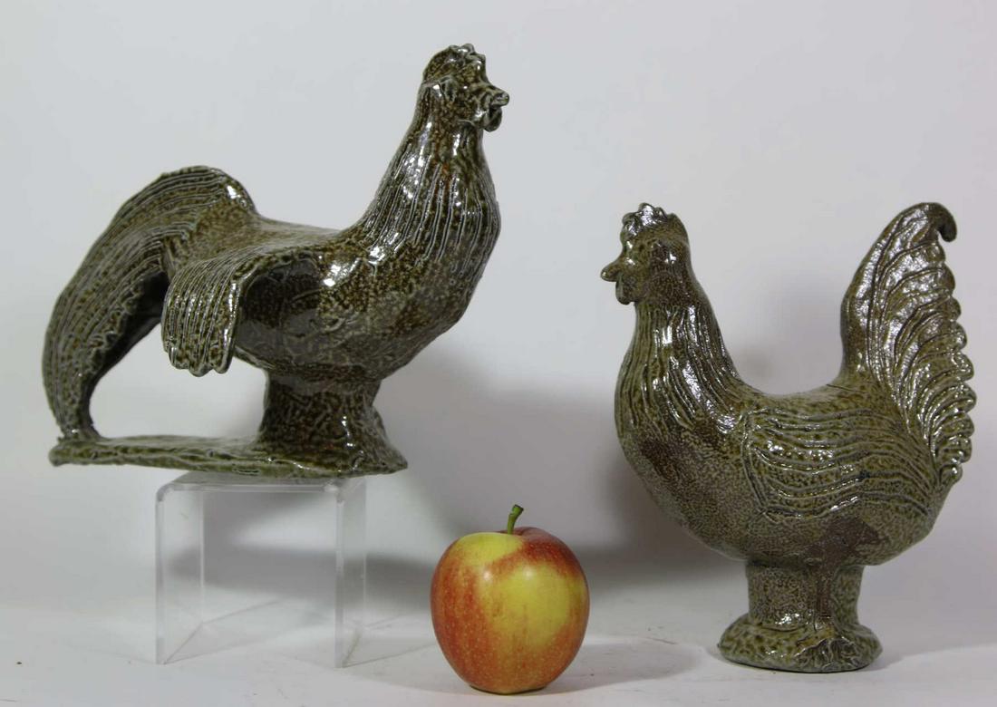 CHARLES MOORE (NC) FOLK ART POTTERY ROOSTERS: CHARLES MOORE (NC) FOLK ART POTTERY ROOSTERS STAMPED JUGTOWN 1992 8 X 11 INCHES TALLEST WITH THE OTHER 7 X 9 INCHES