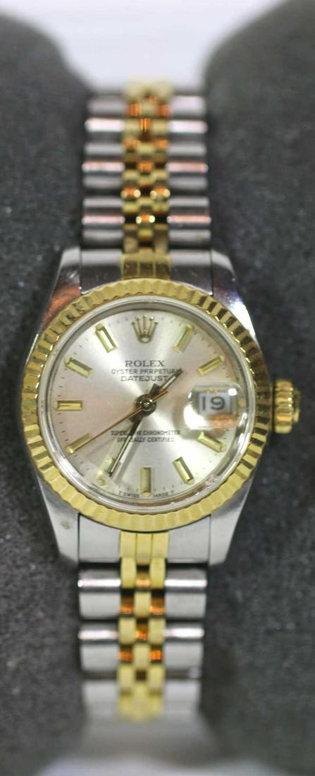 ROLEX LADIES OYSTER PERPETUAL 18KYG & STAINLESS: ROLEX LADIES OYSTER PERPETUAL 18KYG & STAINLESS WATCH W/ JUBILEE BAND