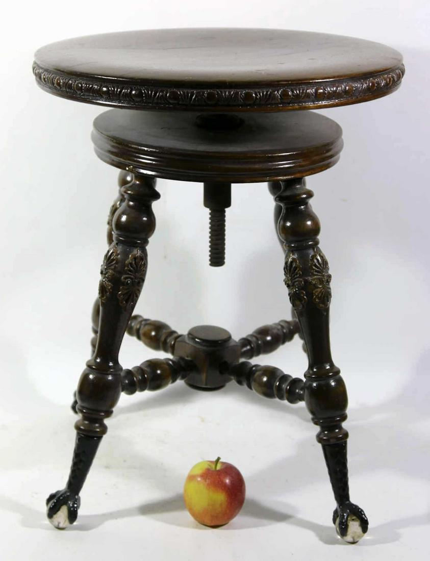 AMERICAN GLASS BALL & CLAW ADJUSTABLE PIANO STOOL: AMERICAN ANTIQUE GLASS BALL & CLAW ADJUSTABLE PIANO STOOL