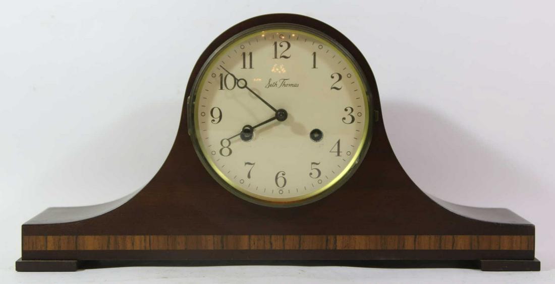 SETH THOMAS TIME & CHIME MAHOGANY MANTLE CLOCK: SETH THOMAS TIME & CHIME BANDED MAHOGANY MANTLE CLOCK