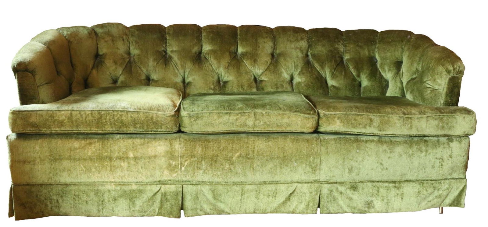 VINTAGE TUFTED GREEN MOHAIR MID CENTURY SOFA: VINTAGE TUFTED GREEN MOHAIR MID CENTURY SOFA