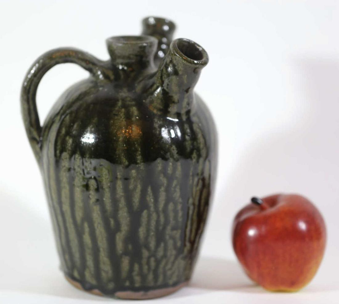 CLEATER MEADERS (GA) DOUBLE SPOUT SINGLE HANDLE: CLEATER MEADERS DOUBLE SPOUT TOBACCO SPIT GLAZE POTTERY FOLK ART