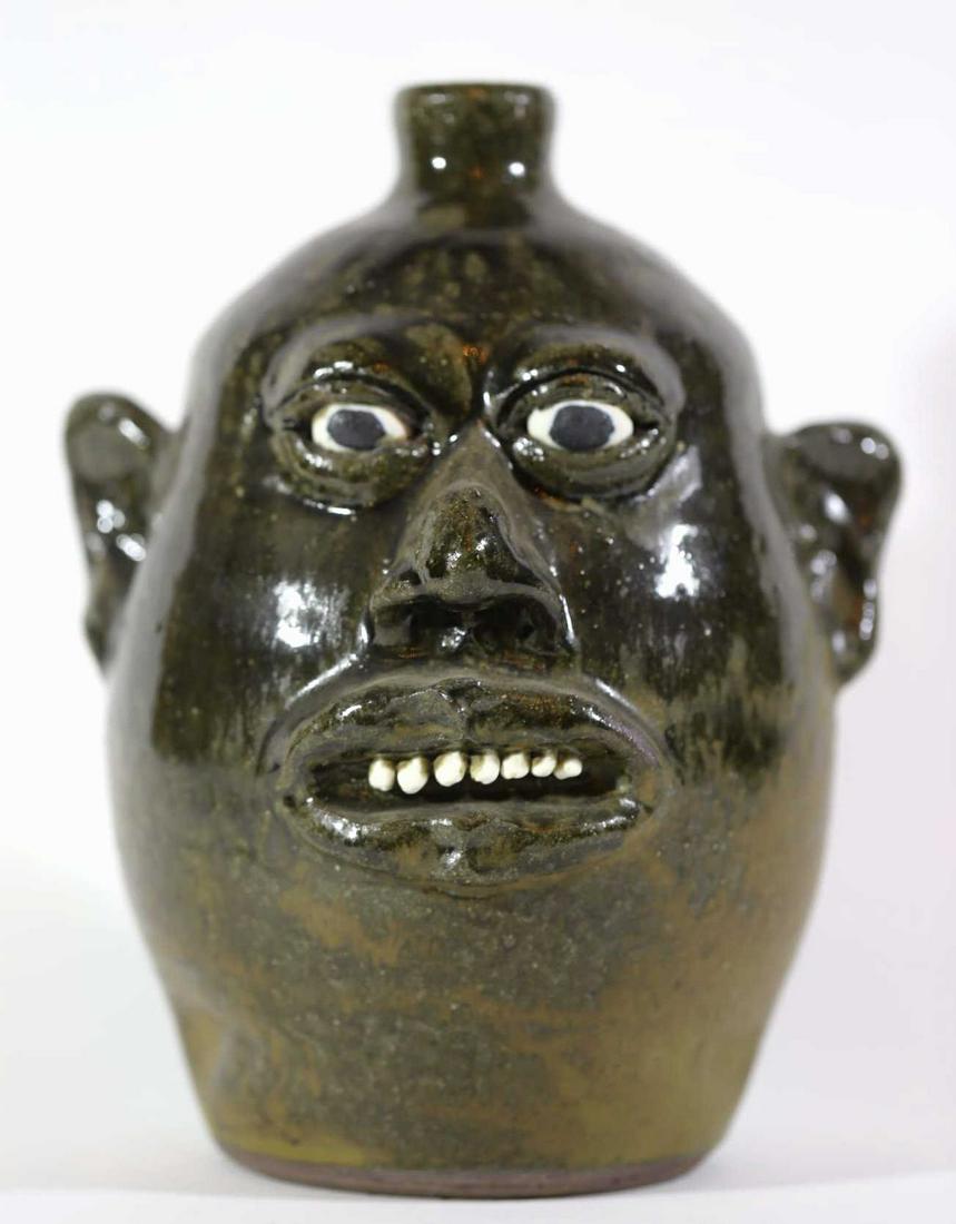 LANIER MEADERS 11" FOLK ART POTTERY FACE JUG: LANIER MEADERS FOLK ART POTTERY FACE JUG