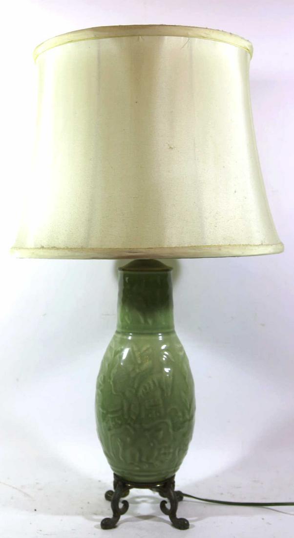 CHINESE ANTIQUE CELEDON VASE MOUNTED LAMP: CHINESE ANTIQUE CELEDON VASE MOUNTED LAMP