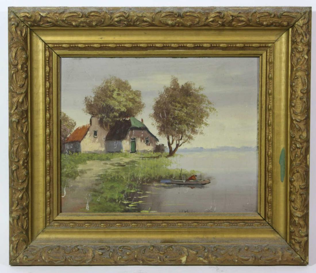 BRITISH ANTIQUE LANDSCAPE STUDY OIL ON BOARD: BRITISH ANTIQUE LANDSCAPE STUDY OIL ON BOARD ILLEGEBLY SIGNED IN FINE GILT FRAME 12 X 14" 7.5 X 9.5"