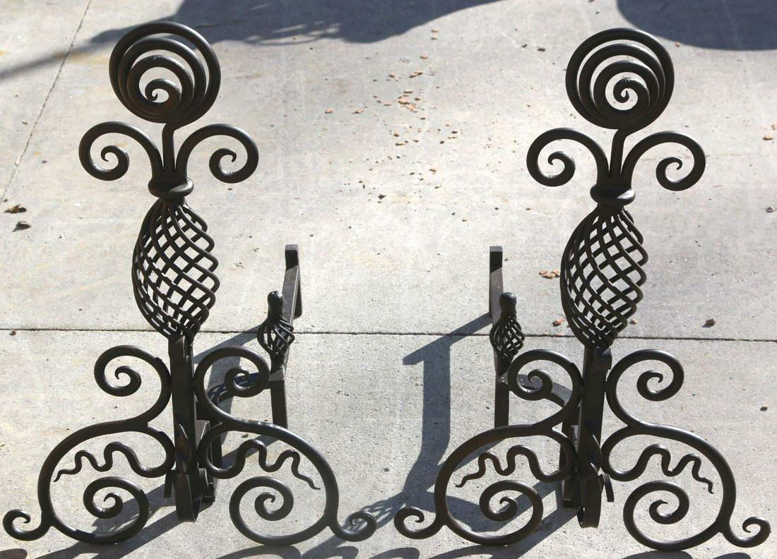 ANTIQUE 24" LARGE WROUGHT IRON FIREPLACE ANDIRONS (1 of 3)