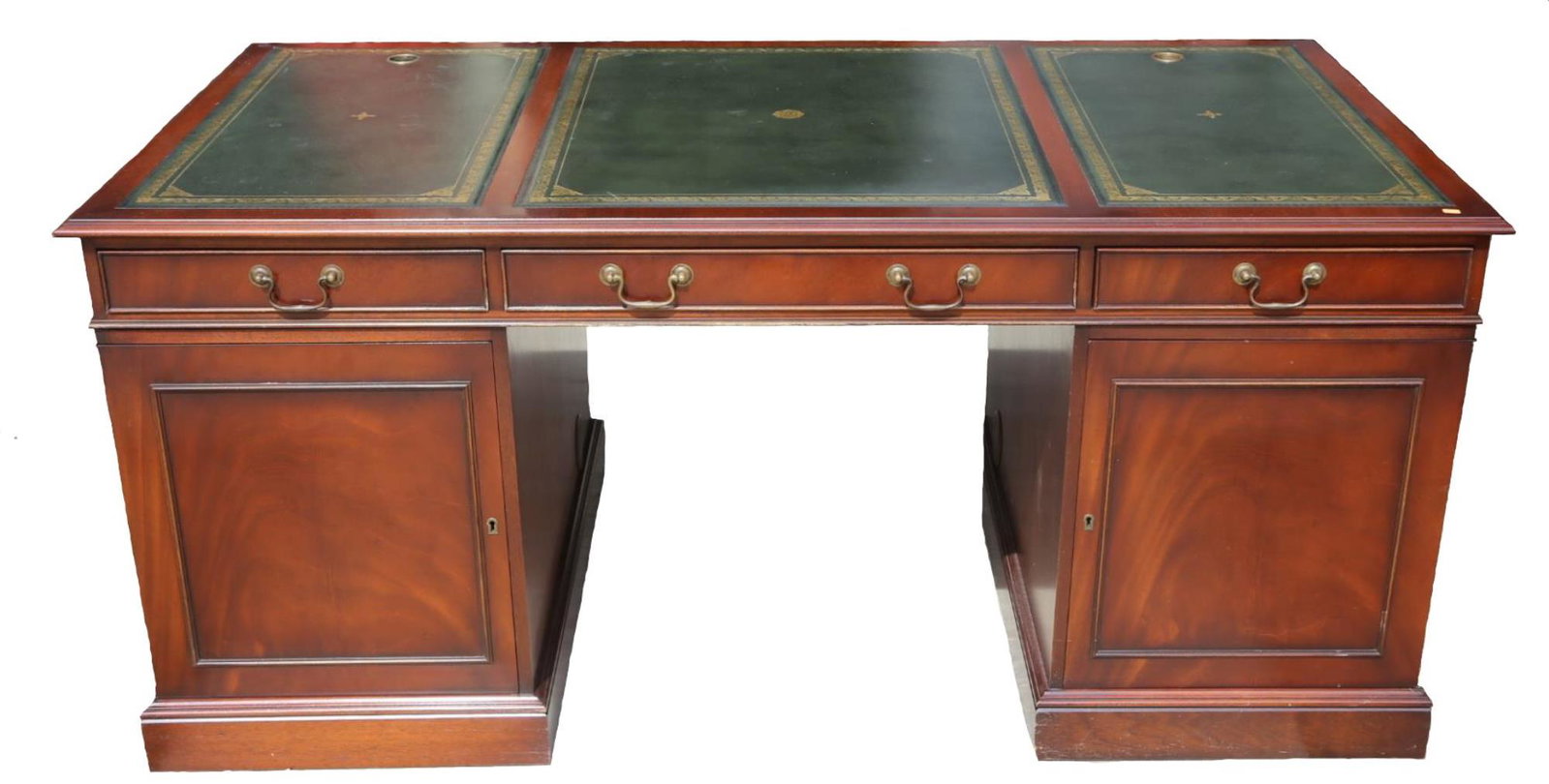 ENGLISH MAHOGANY EMBOSSED LEATHER PARTNER'S DESK: ENGLISH MAHOGANY EMBOSSED GREEN LEATHER PARTNER'S DESK