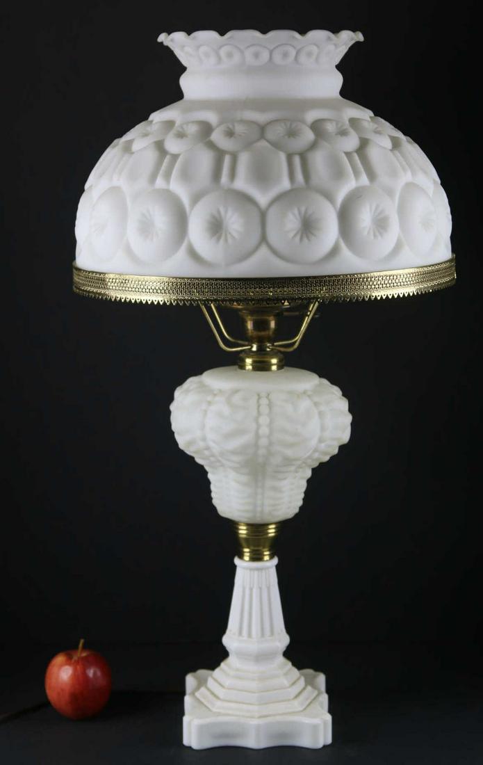 PALATIAL ANTIQUE 27" MILK GLASS OIL LAMP: PALATIAL ANTIQUE 27" MILK GLASS OIL LAMP