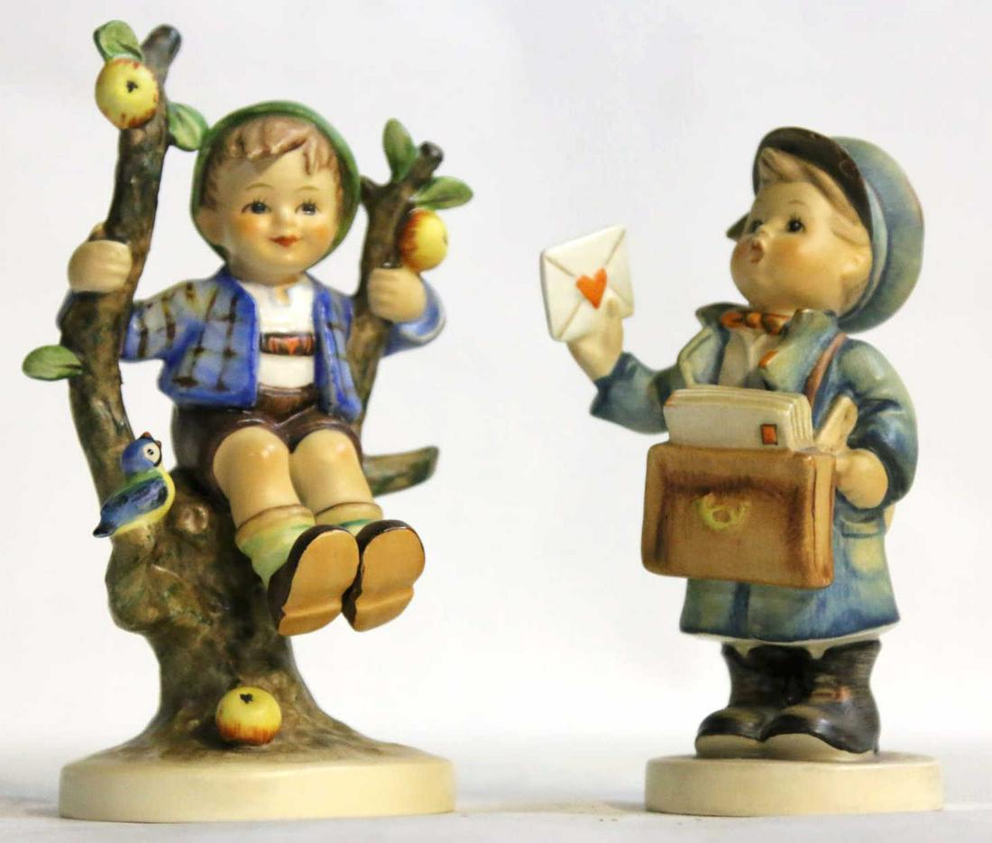 GOEBEL HUMMEL FIGURES PAIR: BOY SITTING IN APPLE TREE, MAIL CARRIER