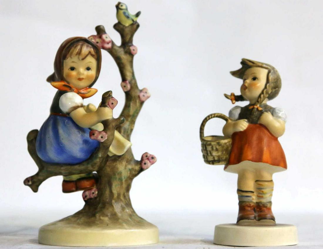 GOEBEL HUMMEL FIGURINE PAIR: VINTAGE HUMMEL FIGURINE PAIR, GIRL HOLDING BASKET AND GIRL FIGURE IN APPLE TREE