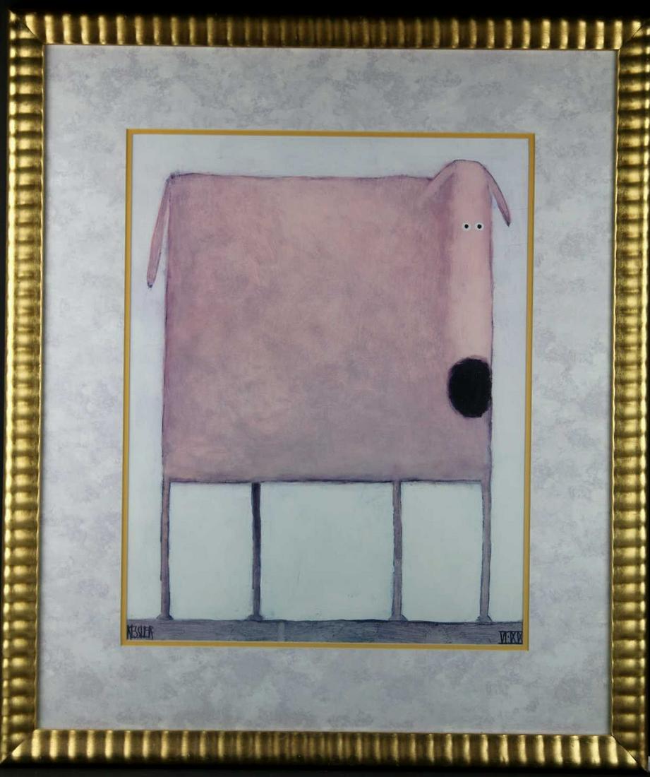 DANIEL KESSLER (AMERICAN) PINK DOG LITHOGRAPH 38": DANIEL KESSLER CUSTOM GILT FRAMED DOG LITHOGRAPH
