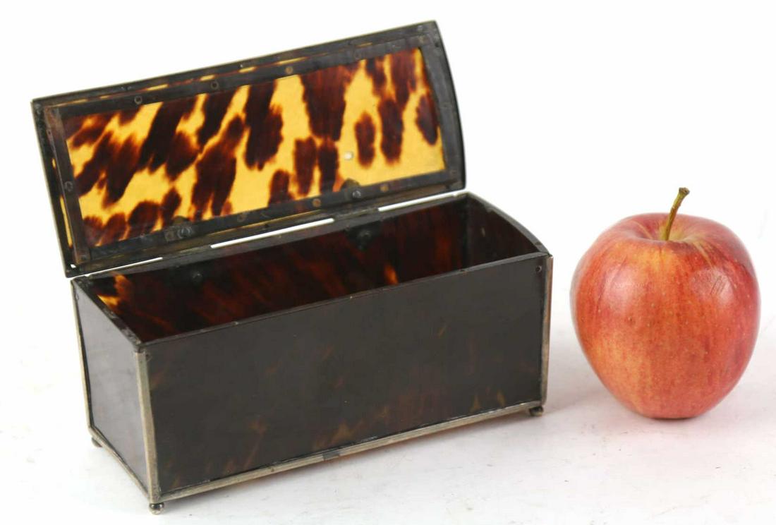 ENGLISH ANTIQUE SILVER MOUNTED TORTOISE BOX: ENGLISH ANTIQUE SILVER MOUNTED TORTOISE BOX Height 3 Width 6 Depth 2.5 inches