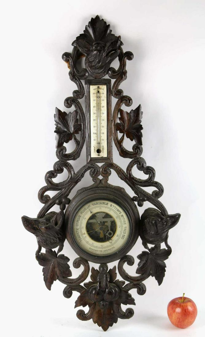 BLACK FOREST FINE ANTIQUE HAND CARVED BAROMETER: BLACK FOREST FINE ANTIQUE HAND CARVED BAROMETER