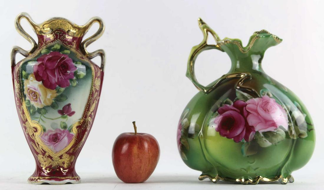 JAPANESE HAND PAINTED NIPPON PORCELAIN PAIRING: JAPANESE HAND PAINTED NIPPON PITCHER AND VASE PAIRING PIECES MEASURE 10 X 5 AND 9 X 8 INCHES