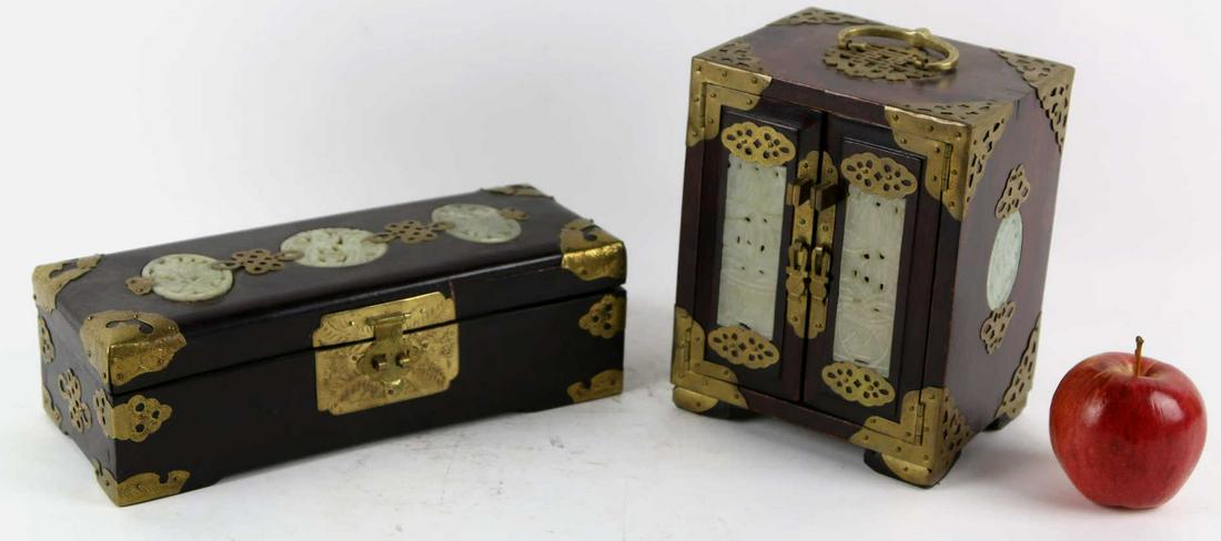 TWO CHINESE ANTIQUE JADE MOUNTED DRESSER BOXES: TWO CHINESE ANTIQUE JADE MOUNTED DRESSER BOXES