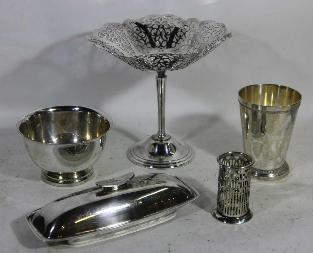 SILVER GROUPING WITH FILAGREE PEDESTAL ACCESSORY: SILVER ACCESSORY GROUPING WITH TOOTHPICK HOLDER