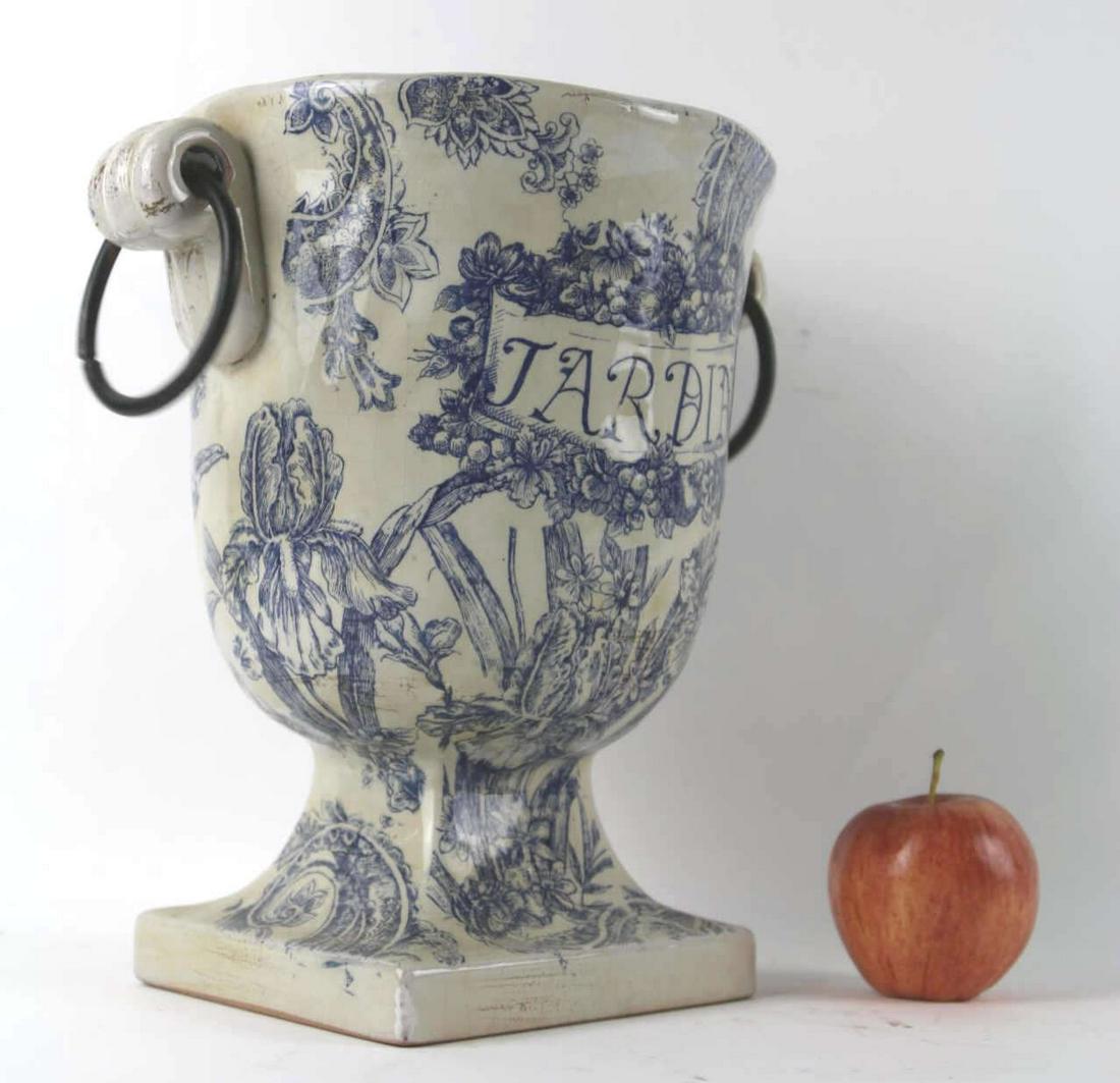 ANTIQUE BLUE & WHITE PORCELAIN TWIN RING HANDLES: ANTIQUE BLUE AND WHITE PORCELAIN GARDEN VASE WITH TWIN HANDLES WITH RINGS