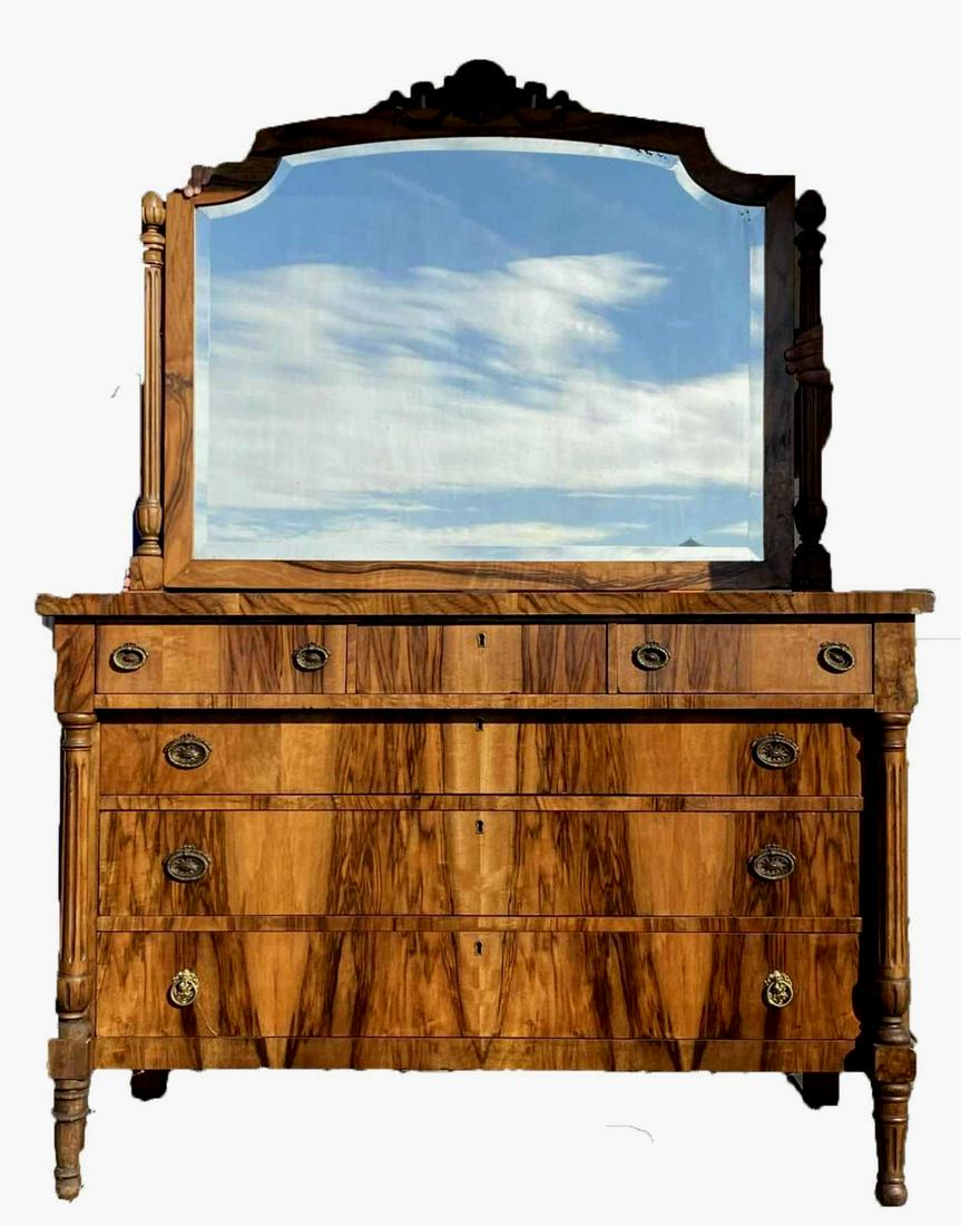 AMERICAN FIGURAL ROSEWOOD ANTIQUE MIRRORED DRESSER: AMERICAN FIGURAL ROSEWOOD ANTIQUE MIRRORED DRESSER