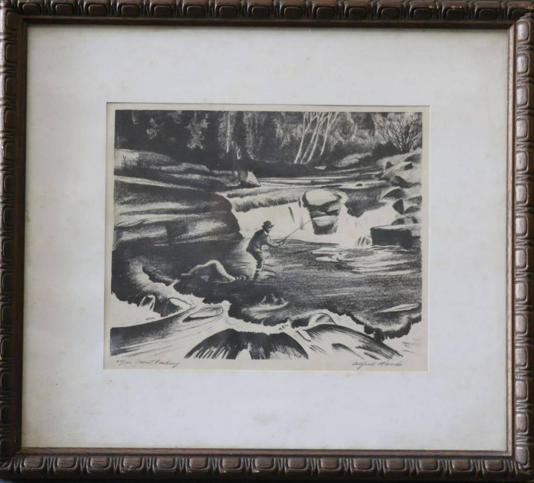 JAMES ALFRED WANDS(1904-1998)"TROUT FISHING" LITHO: JAMES ALFRED WANDS (AMERICAN, 1904-1908) "TROUT FISHING" LITHOGRAPH, NUMBERED 80/100 Height 17 Width 19