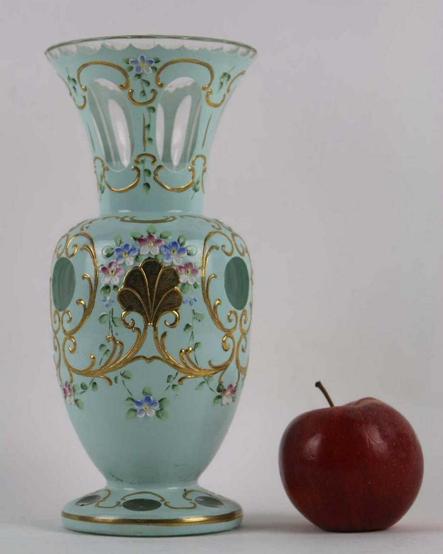 HAND ENAMELED FINE BOHEMIAN CUT TO CLEAR VASE: 9" HAND ENAMELED FINE BOHEMIAN CUT TO CLEAR VASE Height 9 Width 4.5