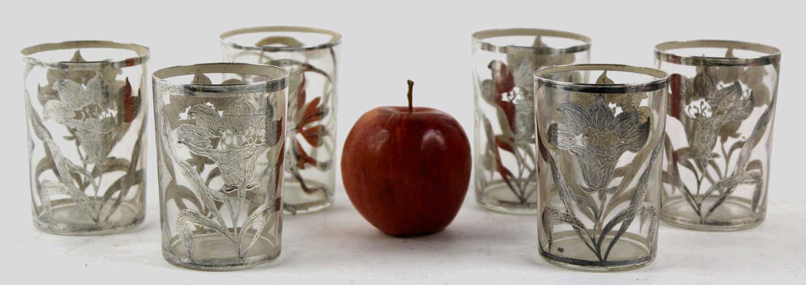 STERLING SILVER OVERLAY LOW BALL / JUICE GLASSES: ANTIQUE STERLING SILVER OVERLAY LOW BALL / JUICE GLASSES