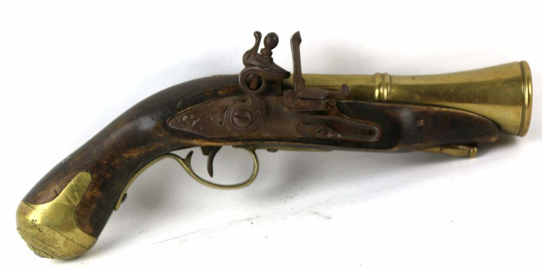 ENGLISH 19TH C. FLINT LOCK BLUNDERBUST PISTOL: ENGLISH 19TH C. FLINT LOCK BLUNDERBUST PISTOL