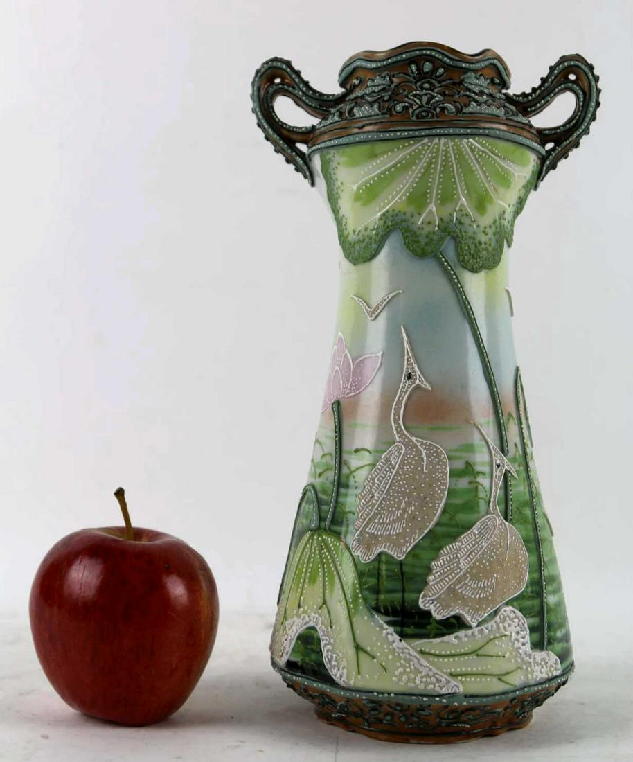 JAPANESE GREEN WREATH MARK TWIN HANDLED VASE: JAPANESE GREEN WREATH MARK TWIN HANDLED VASE Height 10 Width 5 in