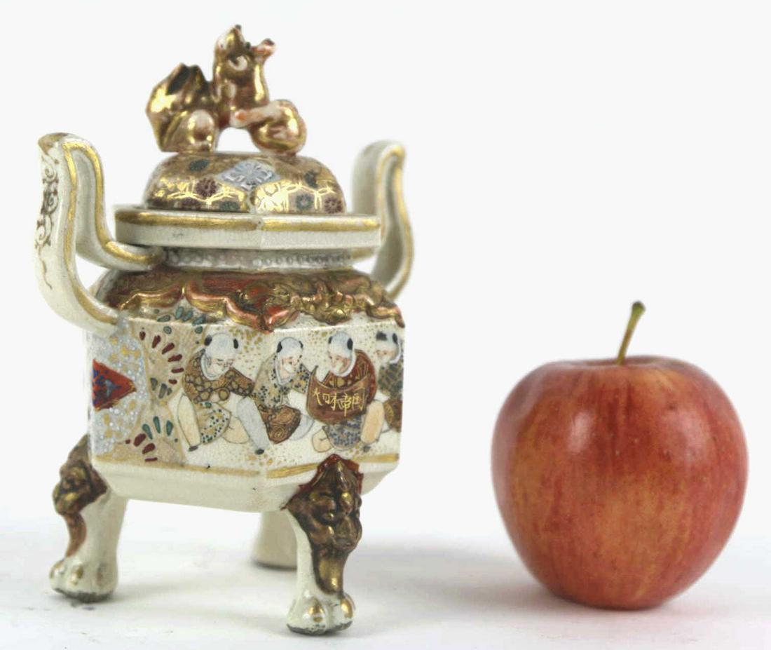 FINE JAPANESE ANTIQUE SATSUMA LIDDED SENSOR: FINE JAPANESE SATSUMA LIDDED CENSER Height 7 Width 5 Depth 5