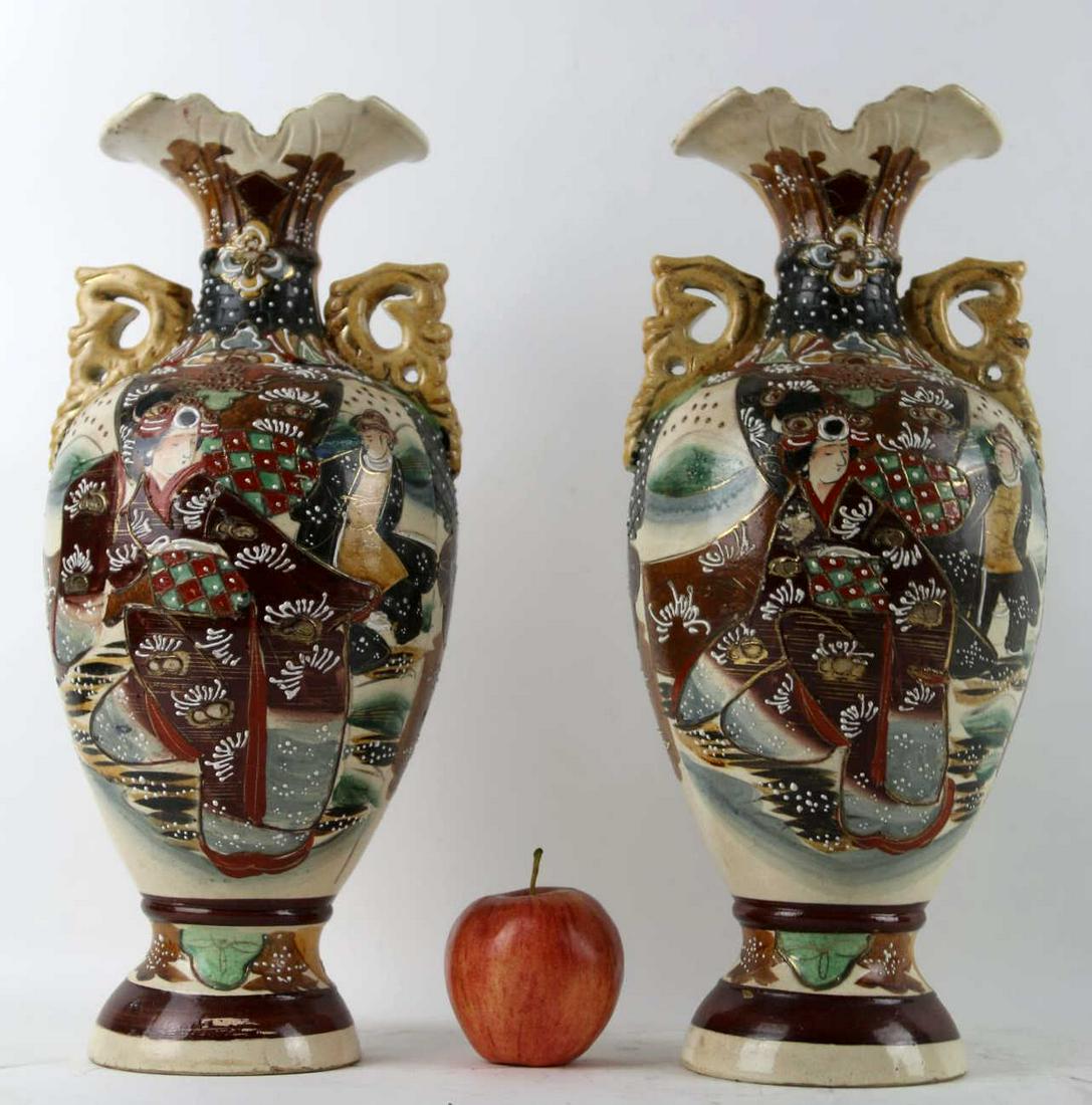 JAPANESE 15" FINE PAIR OF MORIAGE VASE: JAPANESE 15" FINE PAIR OF MORIAGE TWIN HANDLE VASE