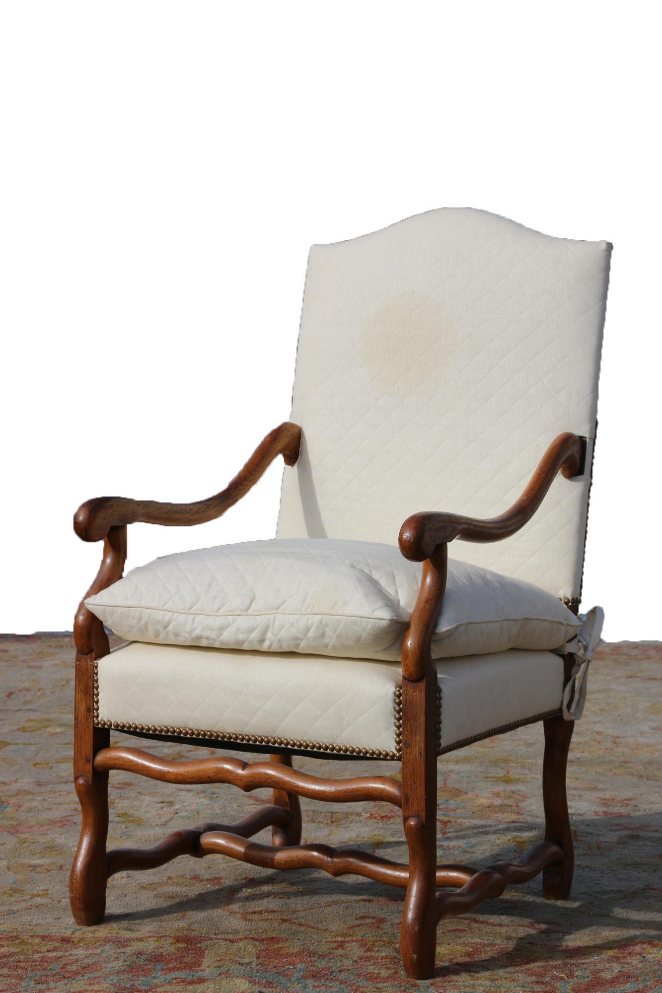 FRENCH ANTIQUE HAND PEGGED OAK ARM CHAIR: FRENCH HAND PEGGED OAK ARM CHAIR WITH CUSTOM NAIL TRIMMED UPHOLSTERY, SECOND MATCHING CHAIR AVAILABLE FOR PAIR IN AUCTION Height 46