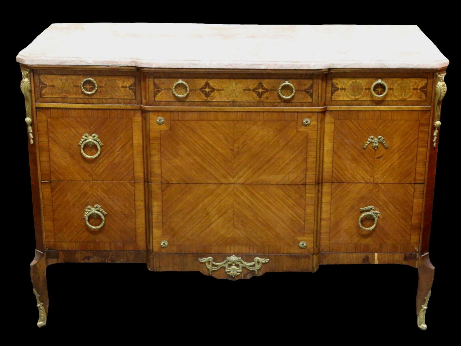 FRENCH FINE BRONZE MOUNTED & INLAID COMMODE: FRENCH FINE BRONZE MOUNTED & INLAID COMMODE