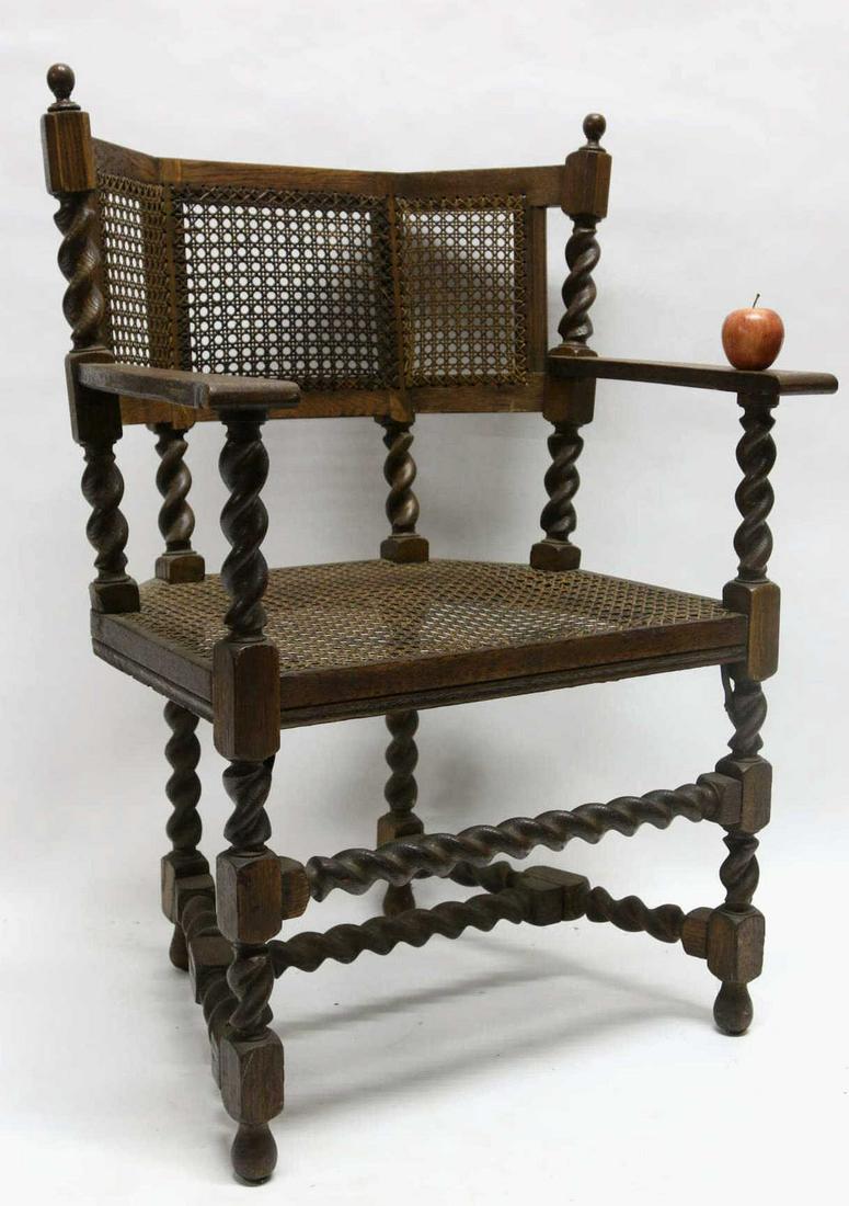 ENGLISH ANTIQUE CANED BARLEY TWIST ARMCHAIR: ENGLISH ANTIQUE CANED BARLEY TWIST ARMCHAIR