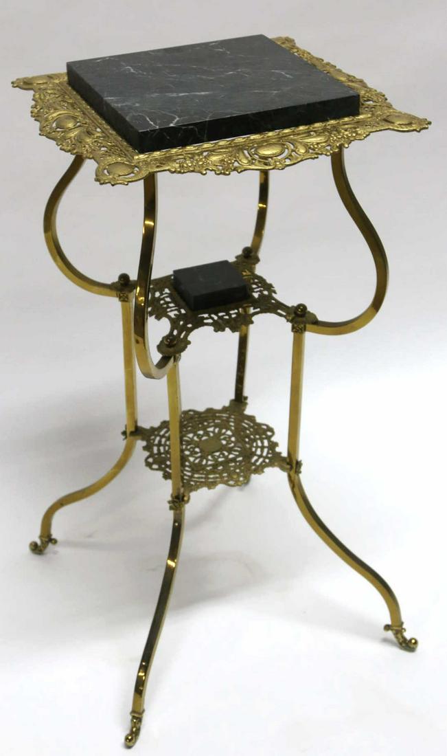 ANTIQUE MARBLE & BRASS TWO TIER PARLOR STAND: ANTIQUE MARBLE & BRASS TWO TIER PARLOR STAND Height 31 Width 17 Depth 17