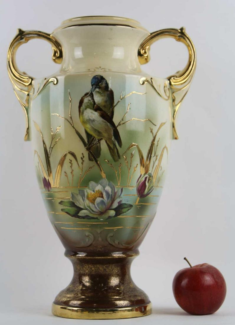 ENGLISH ALTON ANTIQUE HAND PANTED TWIN HANDLE VASE: ENGLISH ALTON ANTIQUE HAND PANTED TWIN HANDLE VASE Height 15 Width 11