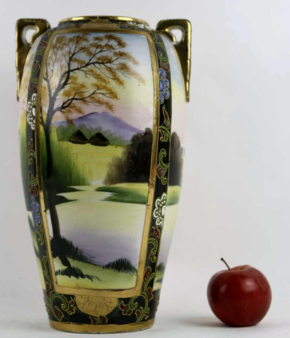 NIPPON 10' HAND PAINTED JAPANESE TWIN HANDLE VASE: NIPPON 10' HAND PAINTED JAPANESE TWIN HANDLE VASE Height 10 Width 8