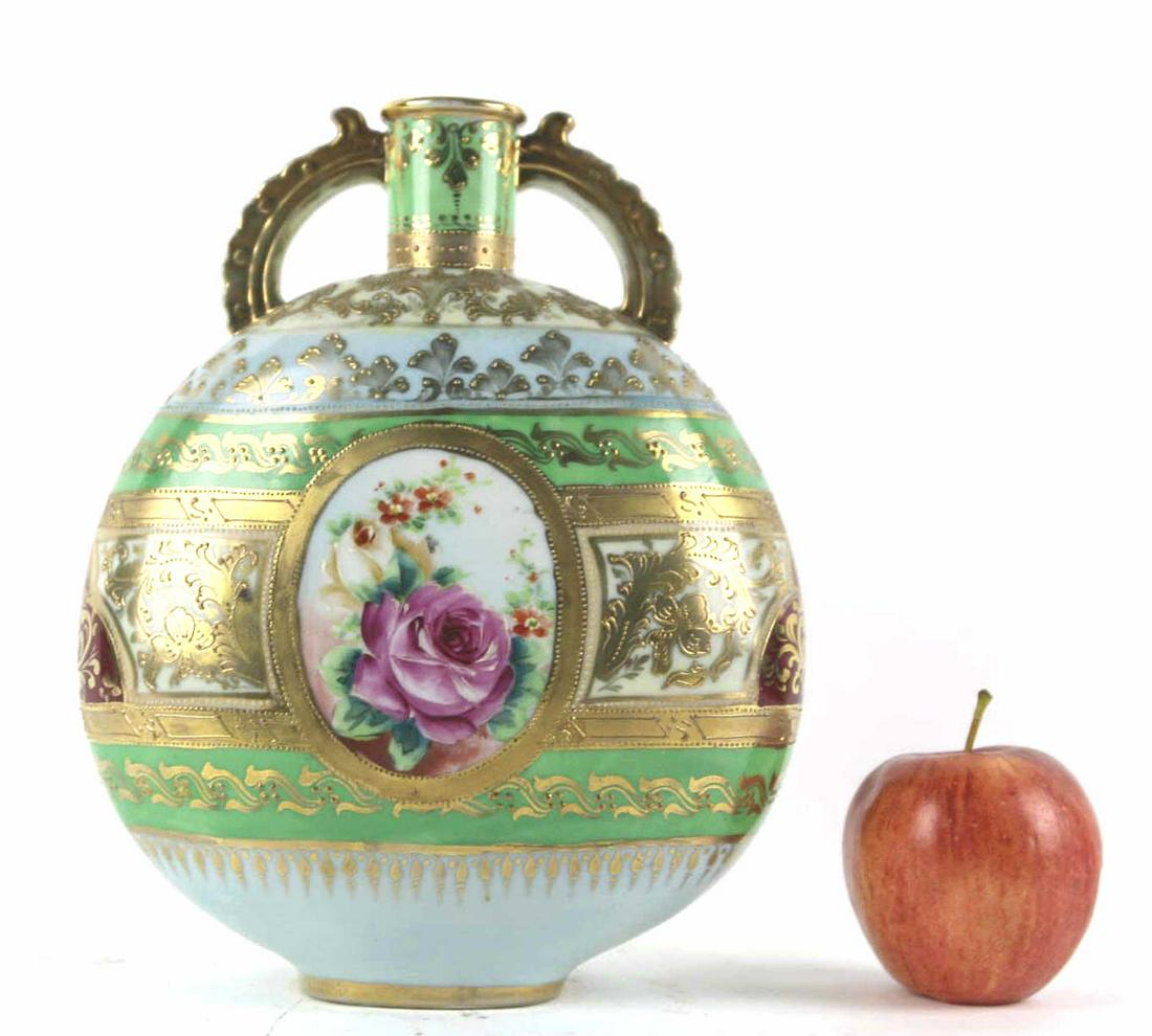 JAPANESE NIPPON STYLE TWIN HANDLE VASE: JAPANESE NIPPON STYLE TWIN HANDLE VASE Height 10 Width 8 Depth 3