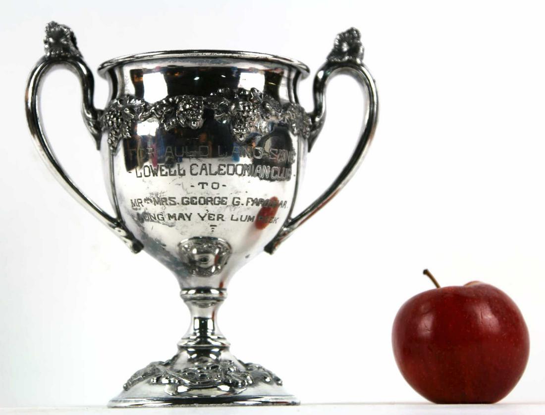LOWELL CALEDONIA CLUB ANTIQUE TWIN HANDLE TROPHY: LOWELL CALEDONIA CLUB ANTIQUE TWIN HANDLE SILVERPLATE TROPHY Height 8 Width 7