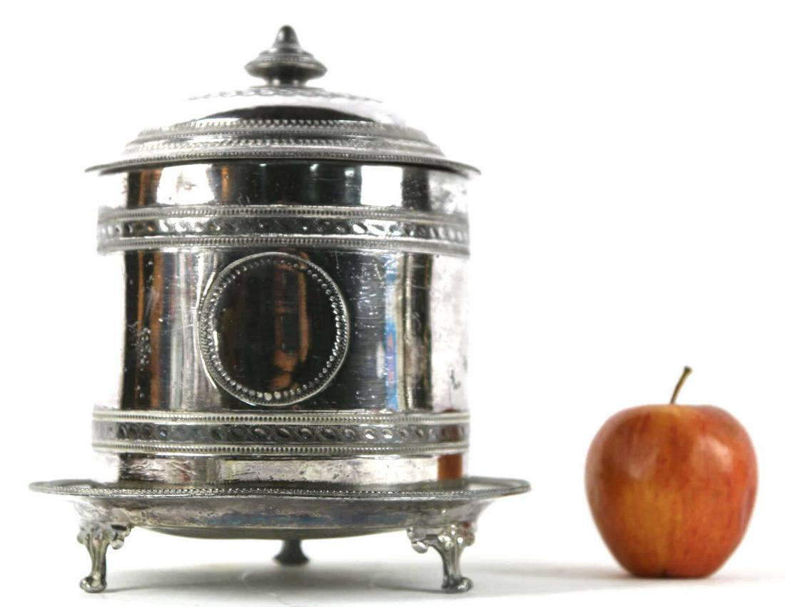 ENGLISH ANTIQUE FOOTED SILVERPLATE BISCUIT BOX: ENGLISH ANTIQUE FOOTED SILVERPLATE BISCUIT BOX 1898